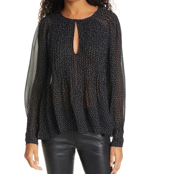 Rag & Bone Black Polka Dot Pleated Keyhole Long Sleeve Blouse Large Flowy